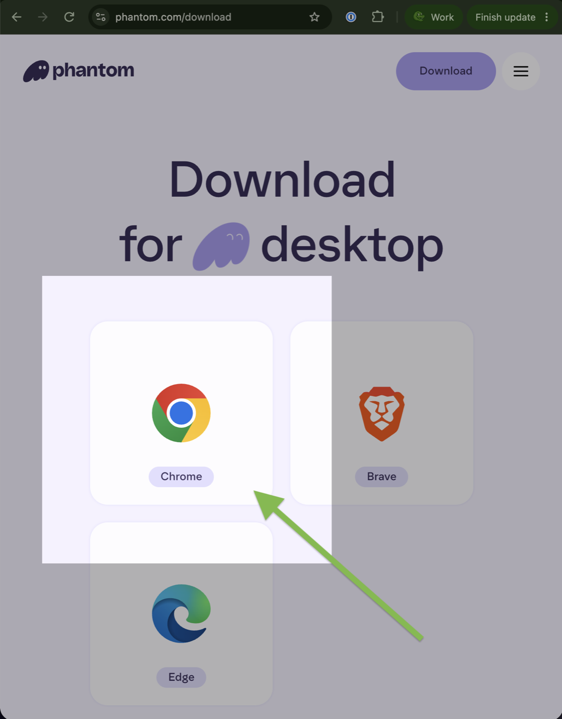 Phantom download page with browser choices and Chrome highlighted