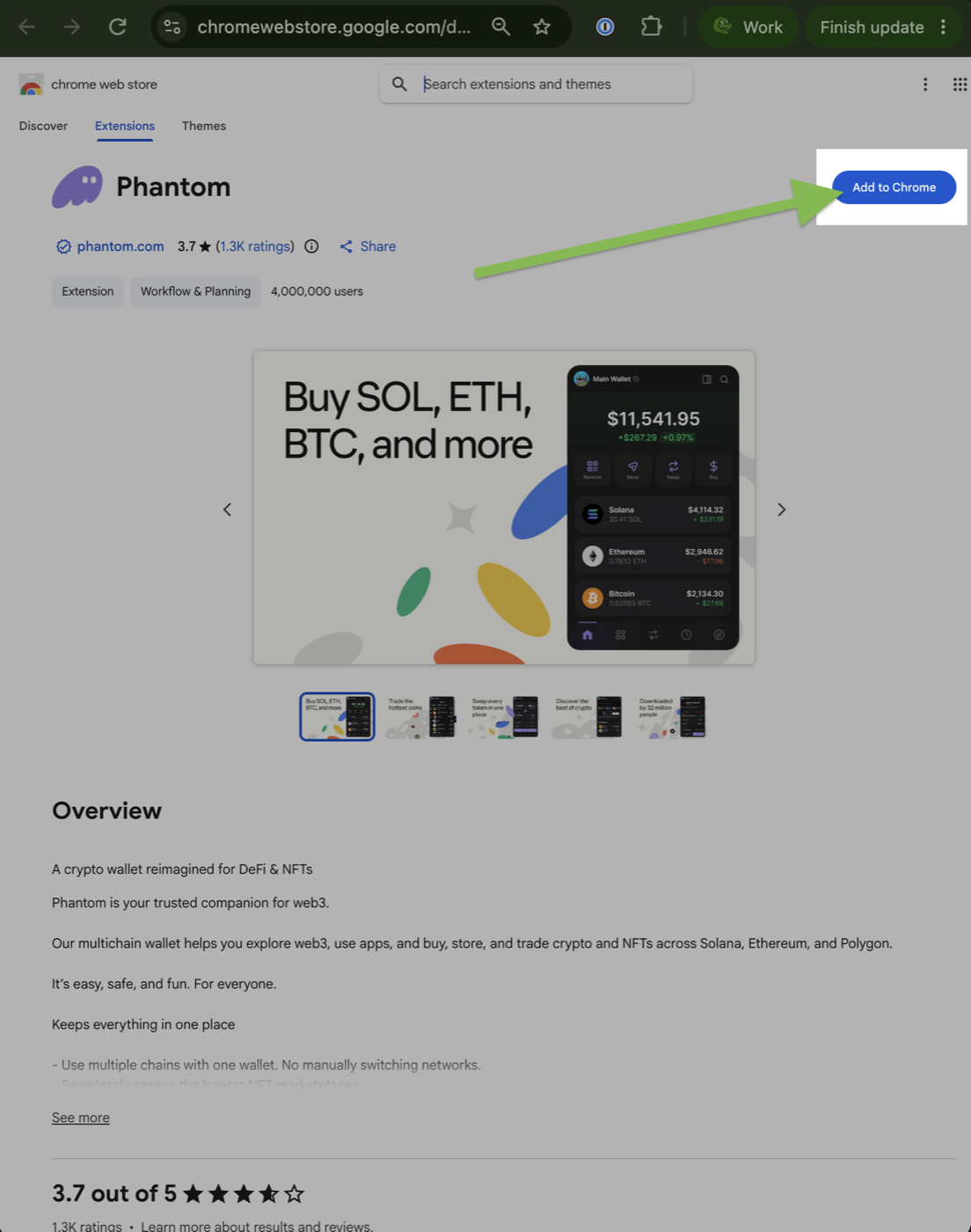 Phantom on the Chrome Web Store with the Add to Chrome button highlighted