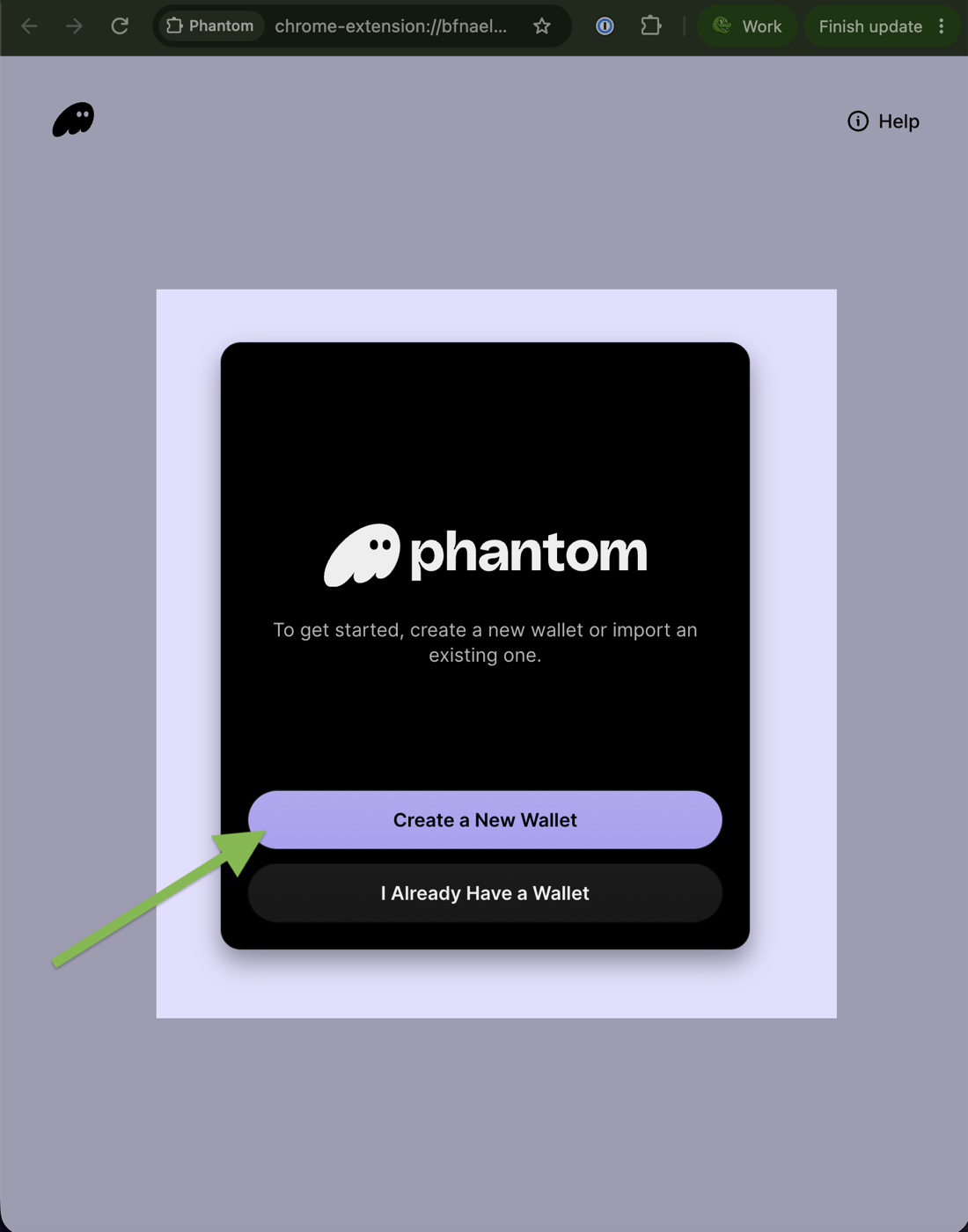 Phantom setup screen with the Create a New Wallet button highlighted