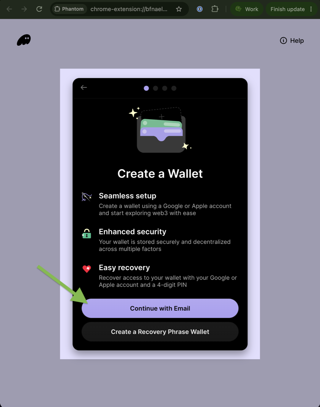 Create a Wallet screen with the Continue with Email button highlighted