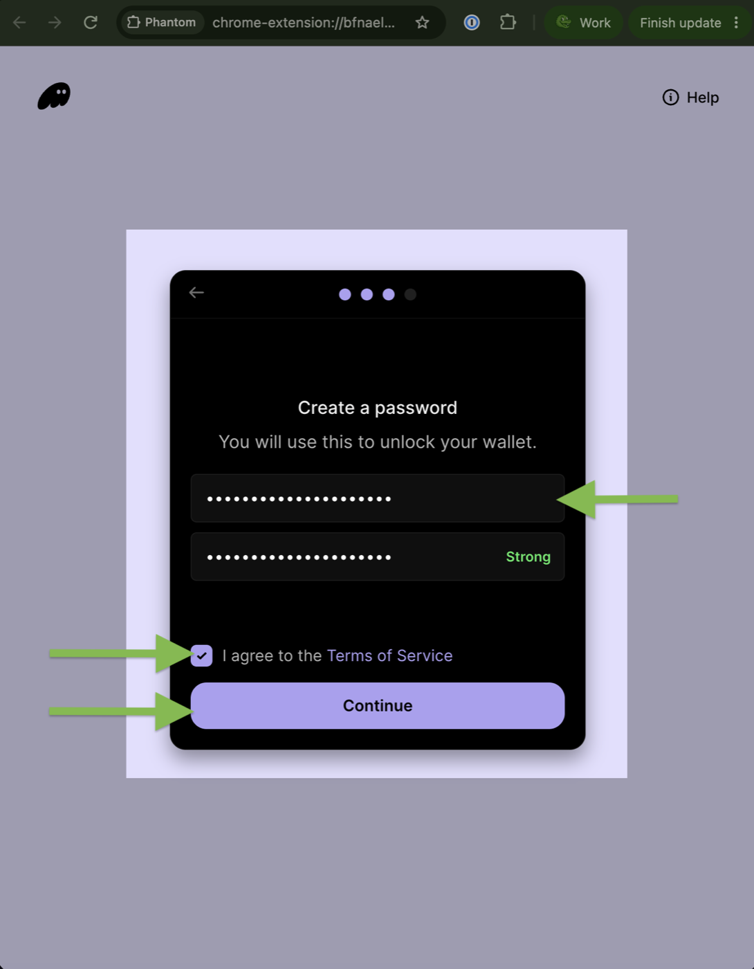 Create a password screen with the terms checkbox and Continue button highlighted
