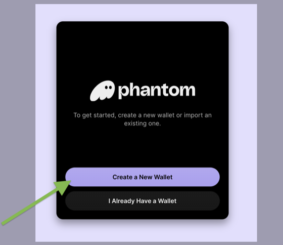 The Phantom welcome screen with Create a New Wallet highlighted
